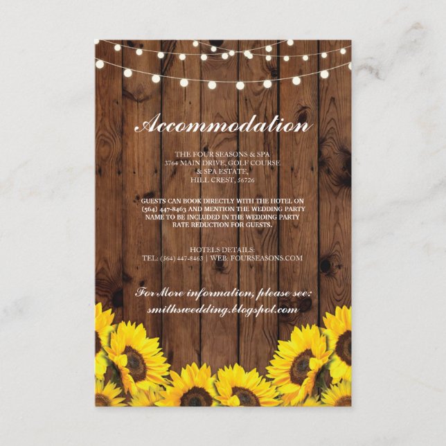 Sonnenblumenholz Rustikale Unterkunft Hochzeitskar Begleitkarte (Vorderseite)