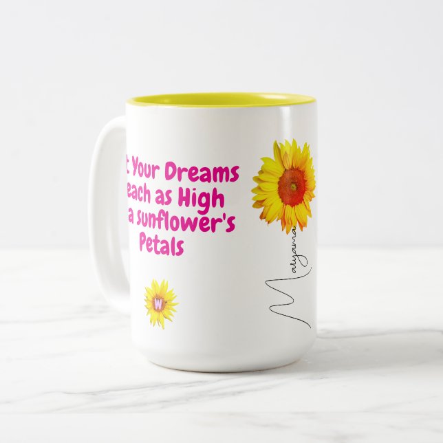 Sonnenblumenkaffee-Tasse (Motivierend Zitat für si Zweifarbige Tasse (Vorderseite Links)