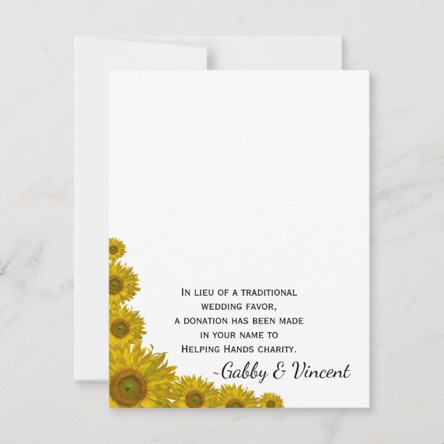 Sonnenblumenkante Hochzeitkarte für Wohltätigkeit (Vorderseite)