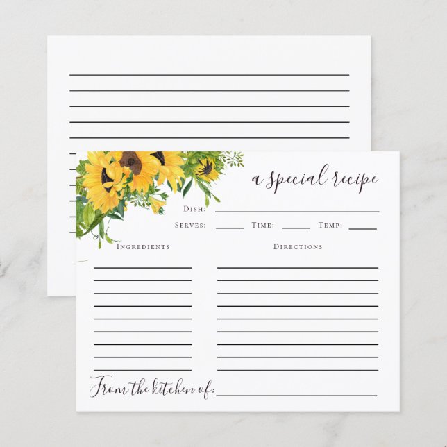 Sonnenblumenkarte Brautparty Rezept Karte (Vorne/Hinten)