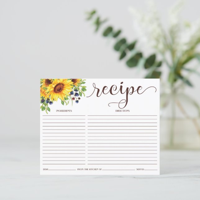 Sonnenblumenkarte Brautparty Rezept Karte (Stehend Vorderseite)
