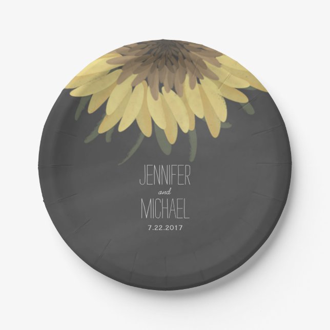 Sonnenblumenkhalkboard Rustikale Hochzeit Pappteller (Vorderseite)