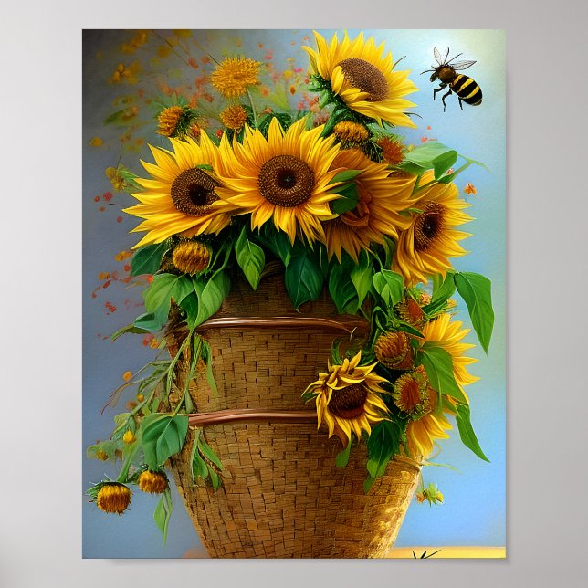 Sonnenblumenkorb und Bienen Poster (Vorne)