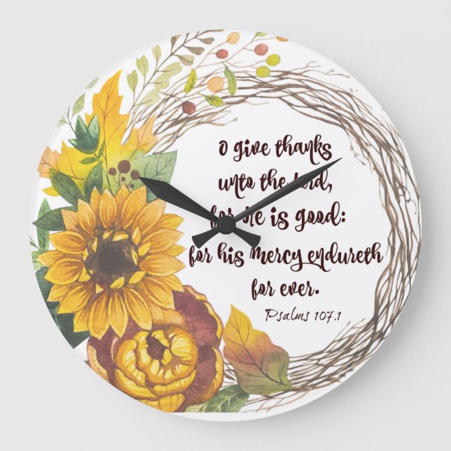 Sonnenblumenkranz mit Danksager Bibel Verse Große Wanduhr (Vorderseite)