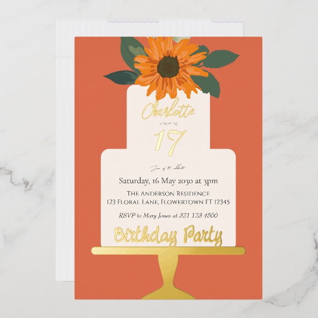 Sonnenblumenkuchen Geburtstagsparty Gold Folieneinladung (Briefumschlag)