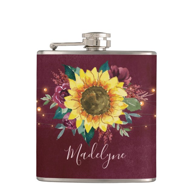 Sonnenblumenleuchten Burgundy Floral Monogram Flachmann (Vorderseite)