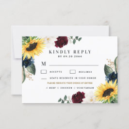 Sonnenblumenmehl Auswahl Burgund Navy Rose Hochzei RSVP Karte