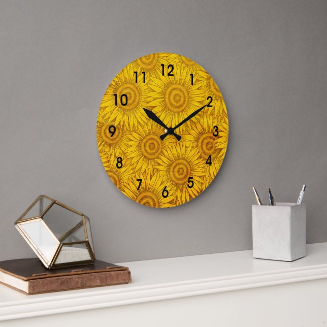 Sonnenblumenmuster, blau gelb, große wanduhr (Büro)