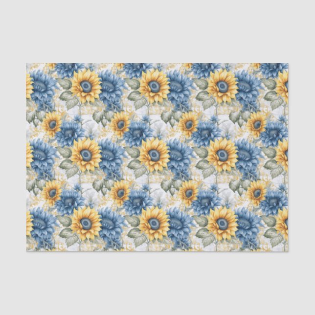 Sonnenblumenmuster Blau und Gelb Decoupage Seidenpapier (Vorderseite)