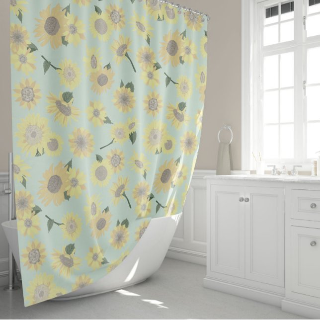 Sonnenblumenmuster Whimsisches Gelbblau Duschvorhang (Sunflower Pattern Whimsical Yellow Blue Shower Curtain from Allison Steffen for Studio Posies.)