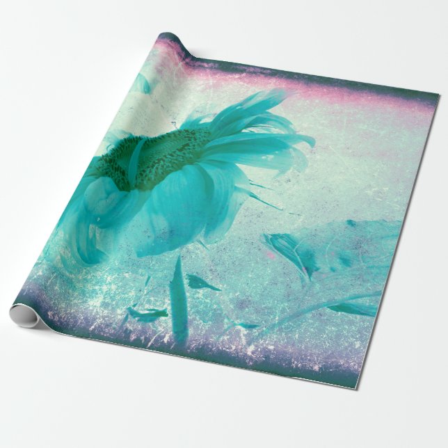 Sonnenblumenpastellgelb Aquamarin Vintag antike Geschenkpapier (Ungerollt)