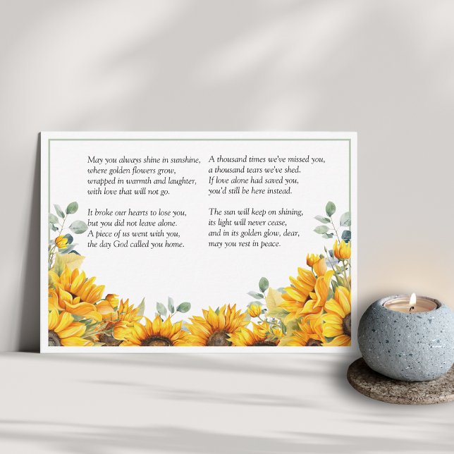 Sonnenblumenrahmen "Forever in the Sun" Gedicht Dankeskarte (Always walk in sunshine, on the day god called you home, poem and sunflowers)