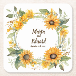 Sonnenblumenring: Personalisierter Hochzeitstag Un Rechteckiger Pappuntersetzer