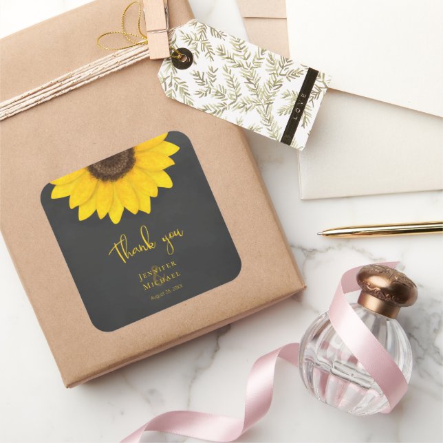 Sonnenblumenschalkpappe rustikales Hochzeitsplatz Quadratischer Aufkleber (Schenken)