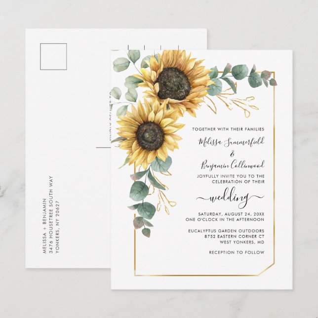 Sonnenblumenschrift Botanische Hochzeit Einladungspostkarte (Vorne/Hinten)