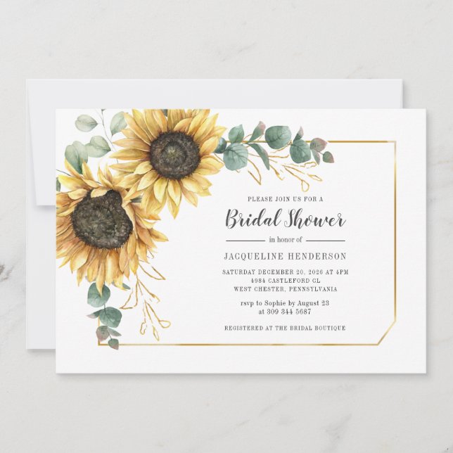 Sonnenblumenschrift Eukalyptus Floral Brautparty Einladung (Vorderseite)