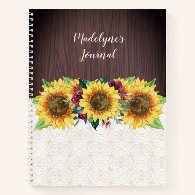 Sonnenblumenspitze Holz Personalisiert Name Journa Notizbuch (Vorderseite)