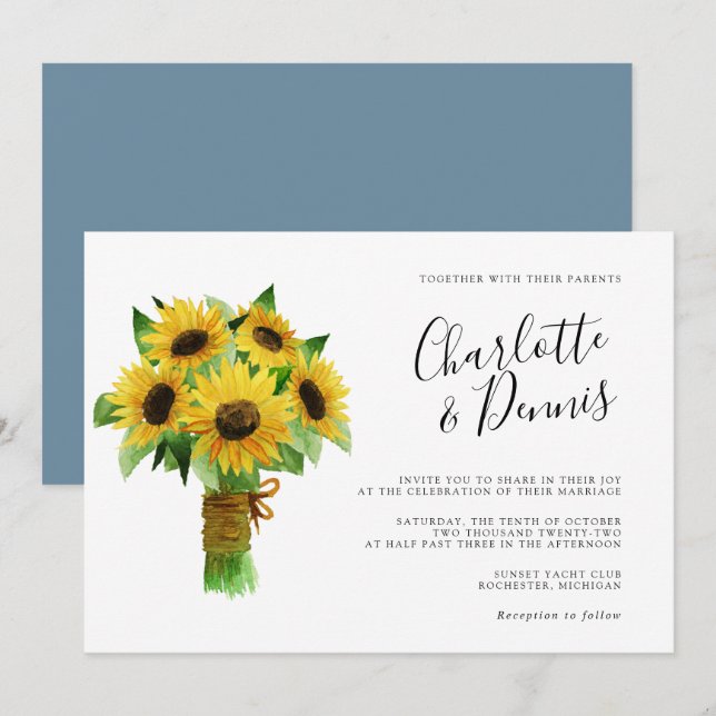 Sonnenblumenstrauß und blaue horizontale Hochzeit Einladung (Vorne/Hinten)