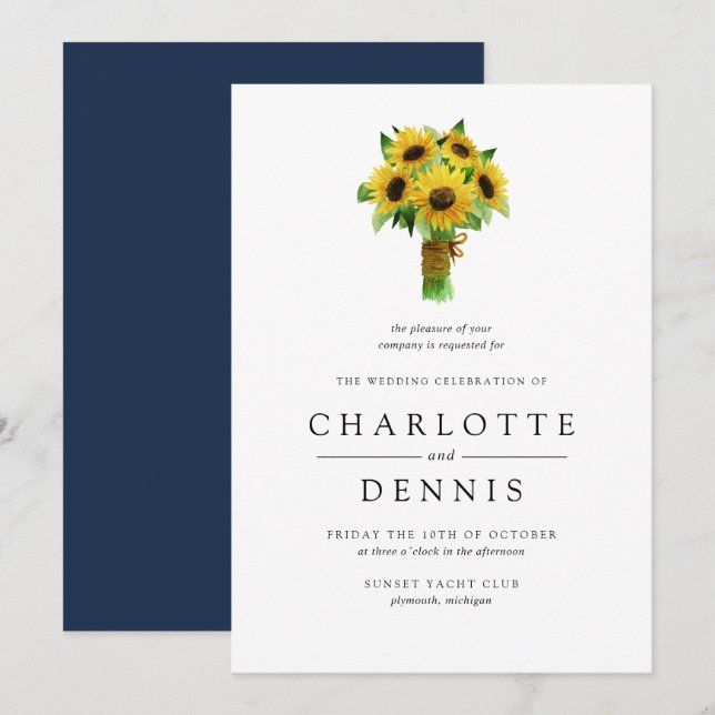 Sonnenblumenstrauß und Hochzeit der Marine Einladung (Vorne/Hinten)