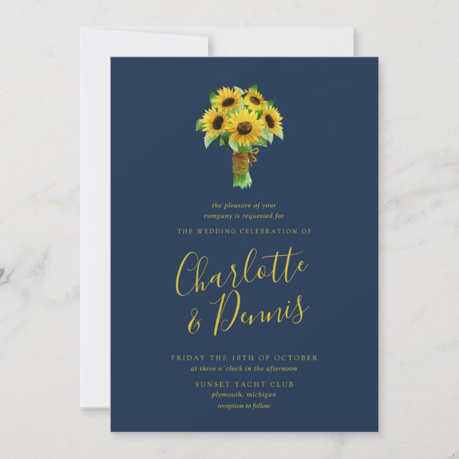 Sonnenblumenstrauß und Hochzeit der Marine Einladung (Vorderseite)