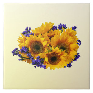 Sonnenblumenstrauß und violette Statice Fliese