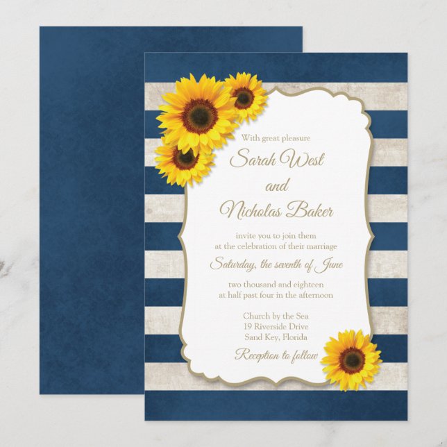 Sonnenblumenstreifen Rustikale Hochzeit der Marine Einladung (Vorne/Hinten)