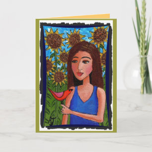 Sonnenblumenwald, Girl & Red Bird - Grußkarte Karte