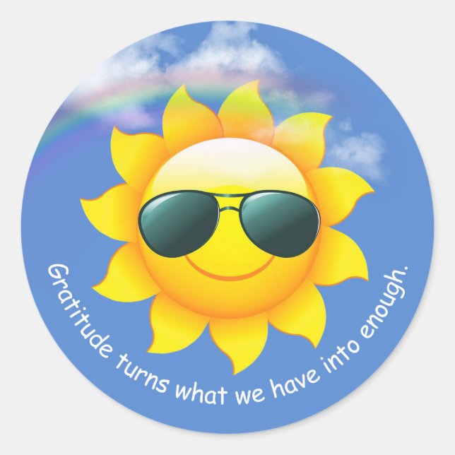 Sonnenbrille auf gelber Sonne am Himmel mit Zitat Runder Aufkleber (Vorderseite)