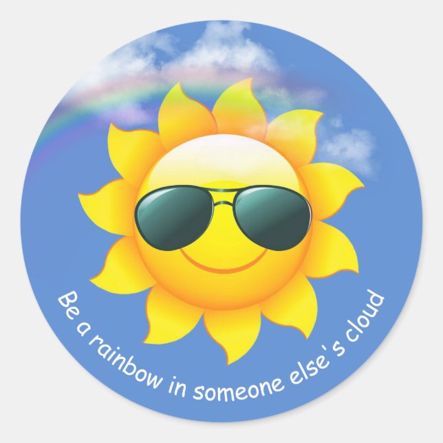 Sonnenbrille auf gelber Sonne am Himmel mit Zitat Runder Aufkleber (Vorderseite)