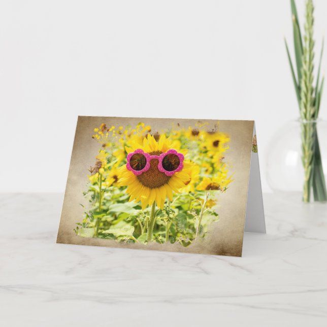 Sonnenbrille auf Sonnenblumen Karte (Vorderseite)
