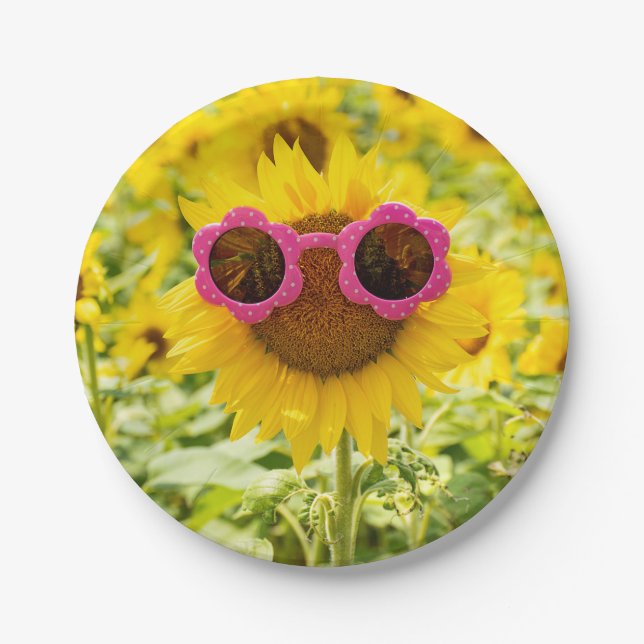 Sonnenbrille auf Sonnenblumen Pappteller (Vorderseite)