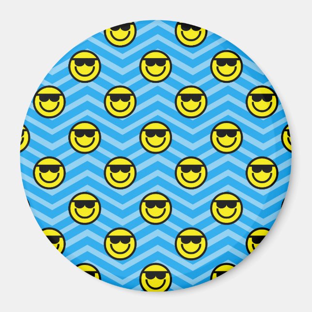 Sonnenbrille Happy Face auf blauem Zickzack Muster Magnet (Vorne)