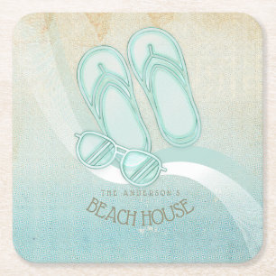 Sonnenbrille und Flip Flops Aqua ID623 Rechteckiger Pappuntersetzer