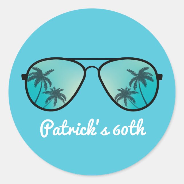 Sonnenbrille und Palmen blau Runder Aufkleber (Vorderseite)