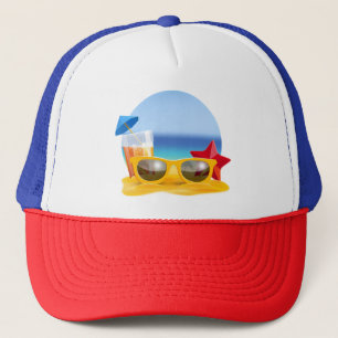 Sonnenbrille und Strandlandschaft für den Sommer Truckerkappe
