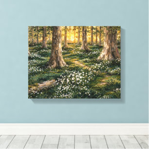 Sonnendurchfluteter Wald-Wildblumenwald Leinwanddruck