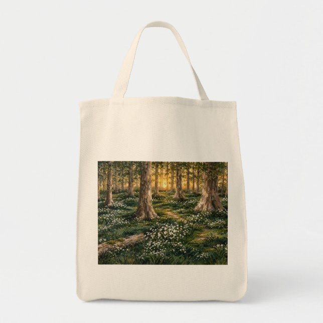 Sonnendurchfluteter Wald-Wildblumenwald Tragetasche (Vorne)
