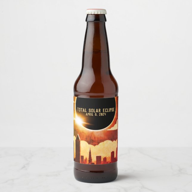 Sonnenfinsternis insgesamt CITY 8. April 2024 Sonn Bierflaschenetikett (Vorderseite)