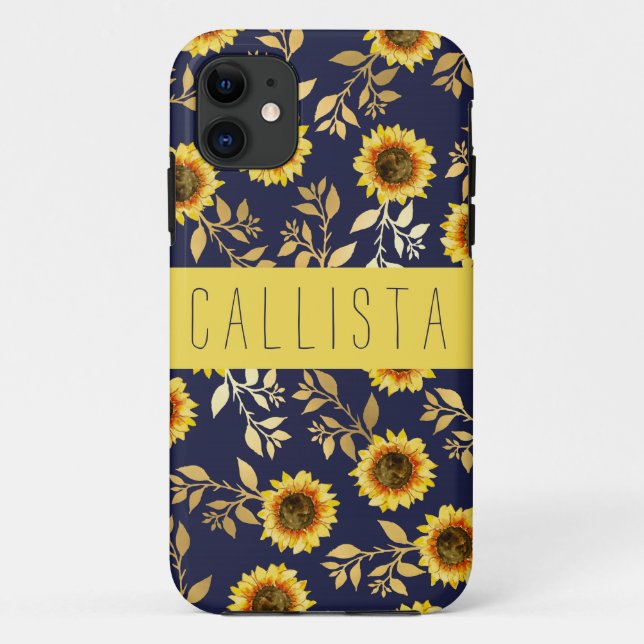Sonnengelbe goldene Navy Sonnenblumen Blätter Mono Case-Mate iPhone Hülle (Rückseite)