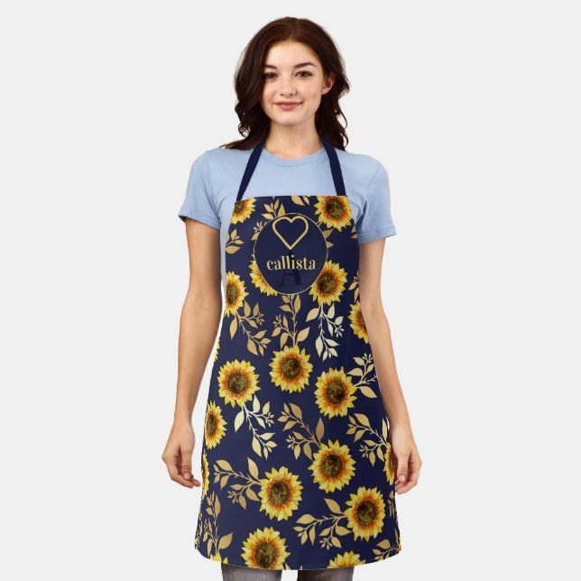 Sonnengelbe goldene Navy Sonnenblumen Blätter Mono Schürze (Getragen)