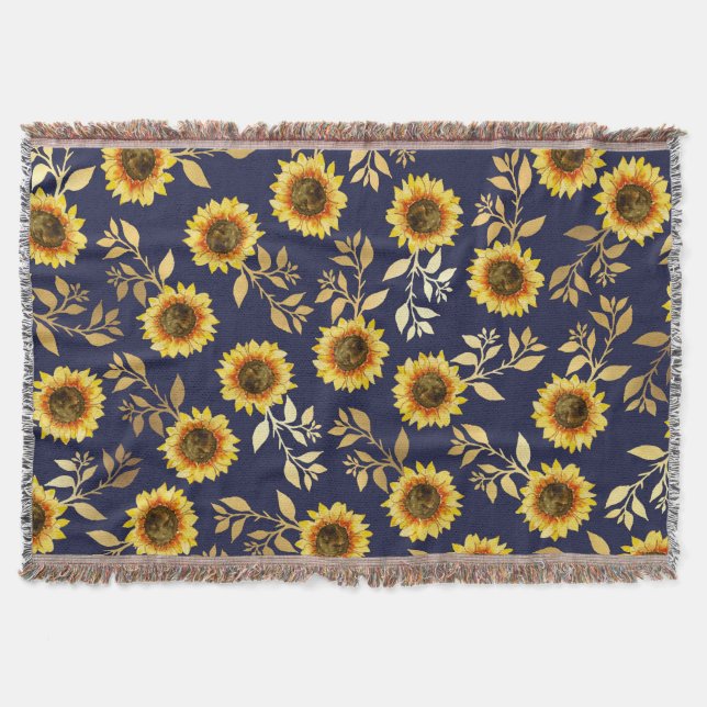 Sonnengelbe goldene Navy Sonnenblumen Blätter Must Decke (Vorderseite)