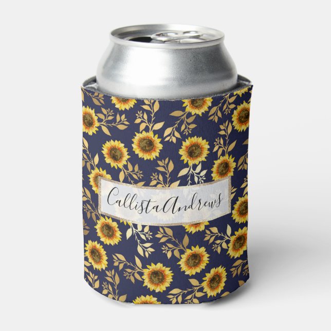 Sonnengelbe goldene Navy Sonnenblumen Blätter Must Dosenkühler (Kanne Vorderseite)