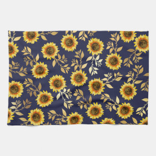 Sonnengelbe goldene Navy Sonnenblumen Blätter Must Geschirrtuch