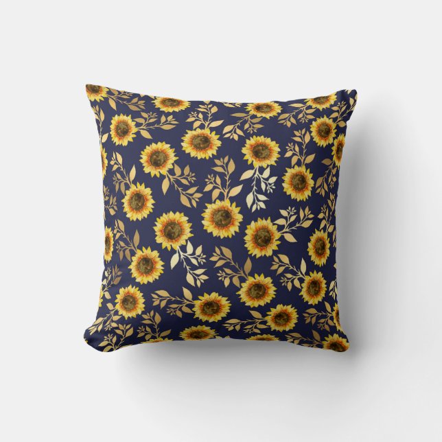 Sonnengelbe goldene Navy Sonnenblumen Blätter Must Kissen (Vorderseite)