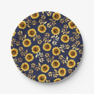 Sonnengelbe goldene Navy Sonnenblumen Blätter Must Pappteller