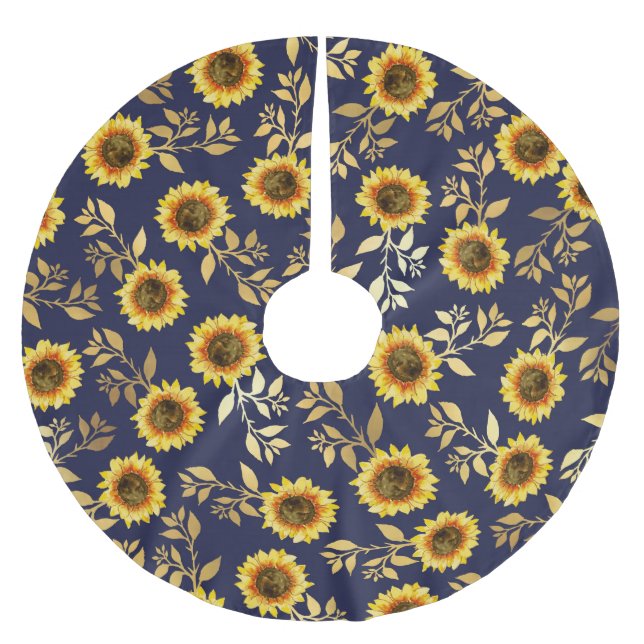 Sonnengelbe goldene Navy Sonnenblumen Blätter Must Polyester Weihnachtsbaumdecke (Vorderseite)