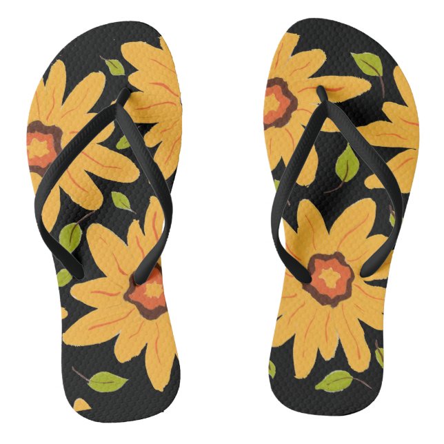 Sonnengelbe handgemalte, dunkle Blume auf schwarz Flip Flops (Fußbett)