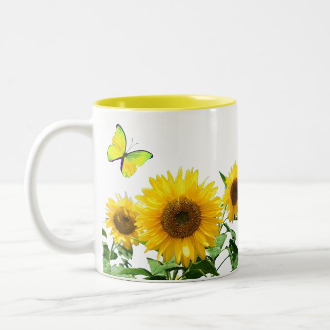 Sonnengelbe Sonnenblumen und Schmetterling Zweifarbige Tasse (Links)