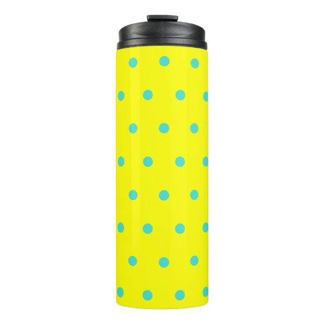Sonnengelbes Türkis Blaue Polka Dots Thermosbecher (Vorderseite)