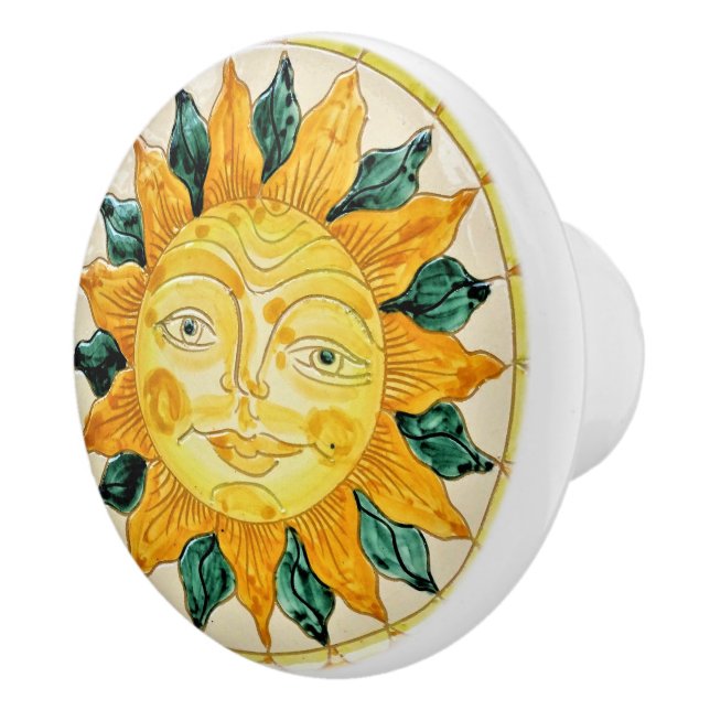 Sonnengesicht mit Blätter und sonnigen Sonnenstrah Keramikknauf (Rechts)